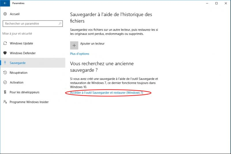 Sauvegarde Windows 10