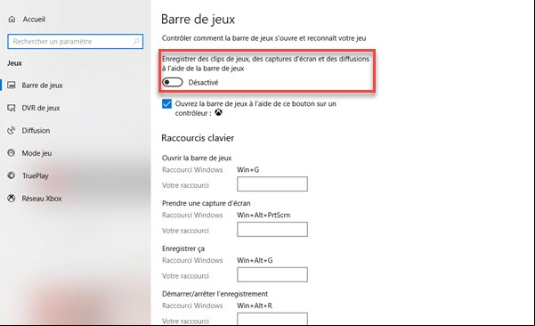 Barre de jeux Windows 10