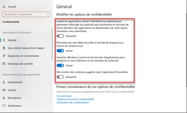 Vie privée Windows 10