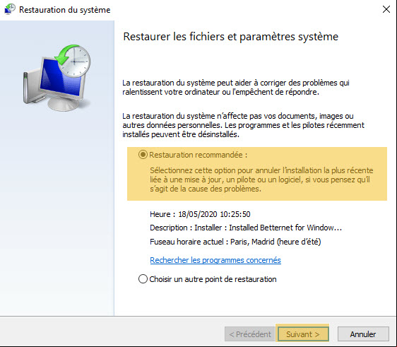 Restauration PC Windows 10